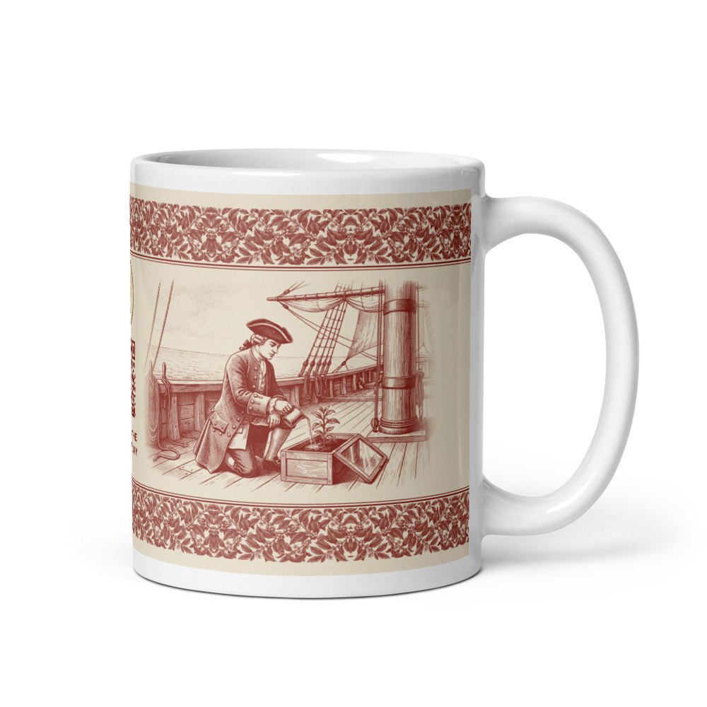 The Coffee story mug in oxblood, showing the officer watering the seedling on deck