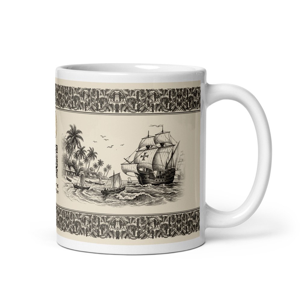 The Pepper story mug in black ink, showing a Portuguese ship off the Indian coast