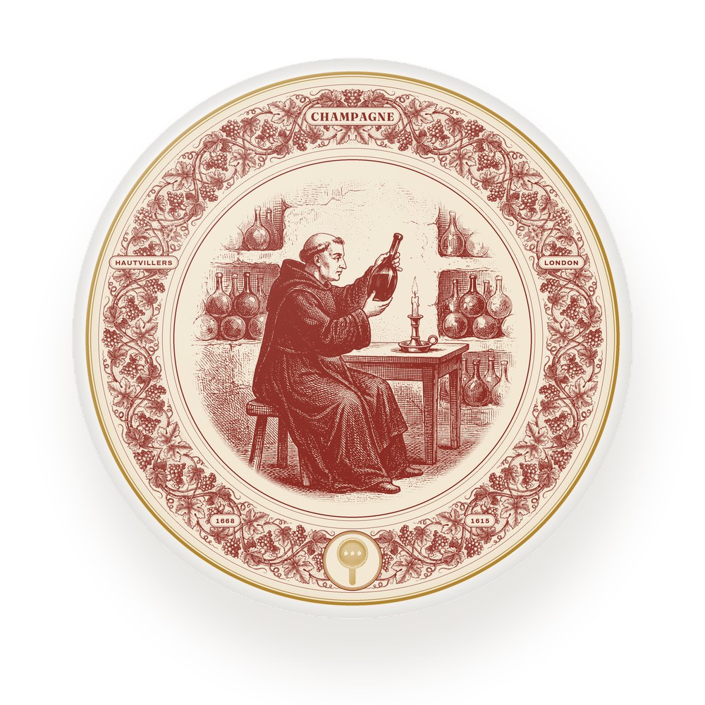 Story Plate IV, Champagne: a monk holds a bottle up to a candle in a chalk cellar